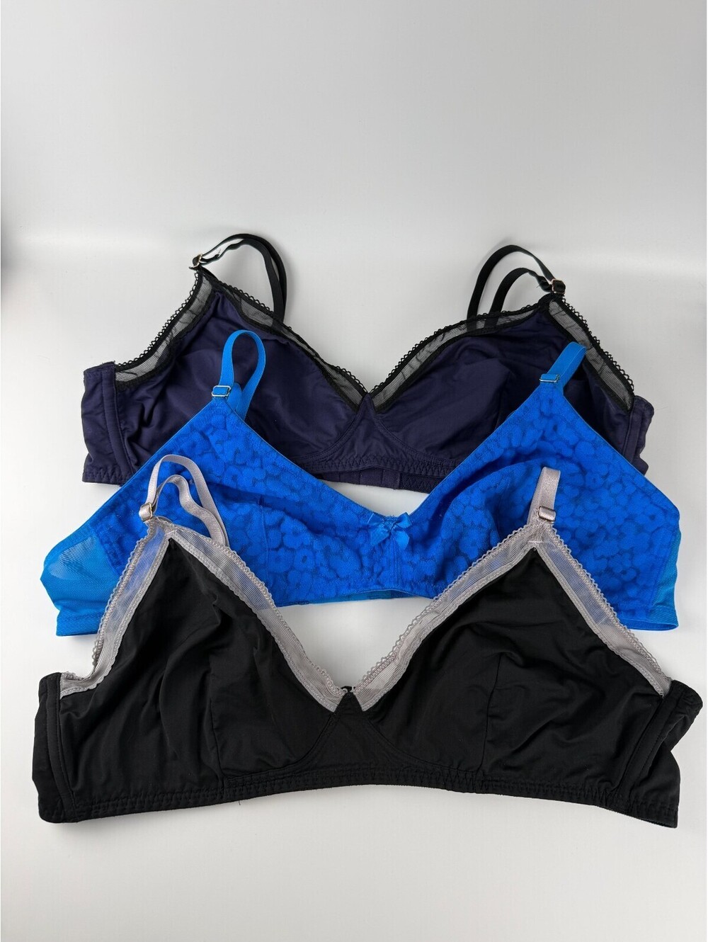 Savage X Fenty Bralette Blue Black Navy Lace Mesh Wireless Triangle Lot of 3